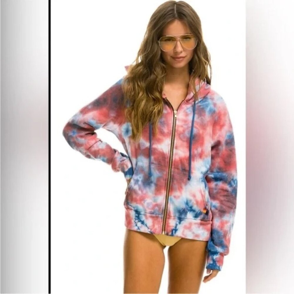 Aviator Nation Unisex Full Zip Hoodie Tie Dye - Red/White/Blue - Size XL